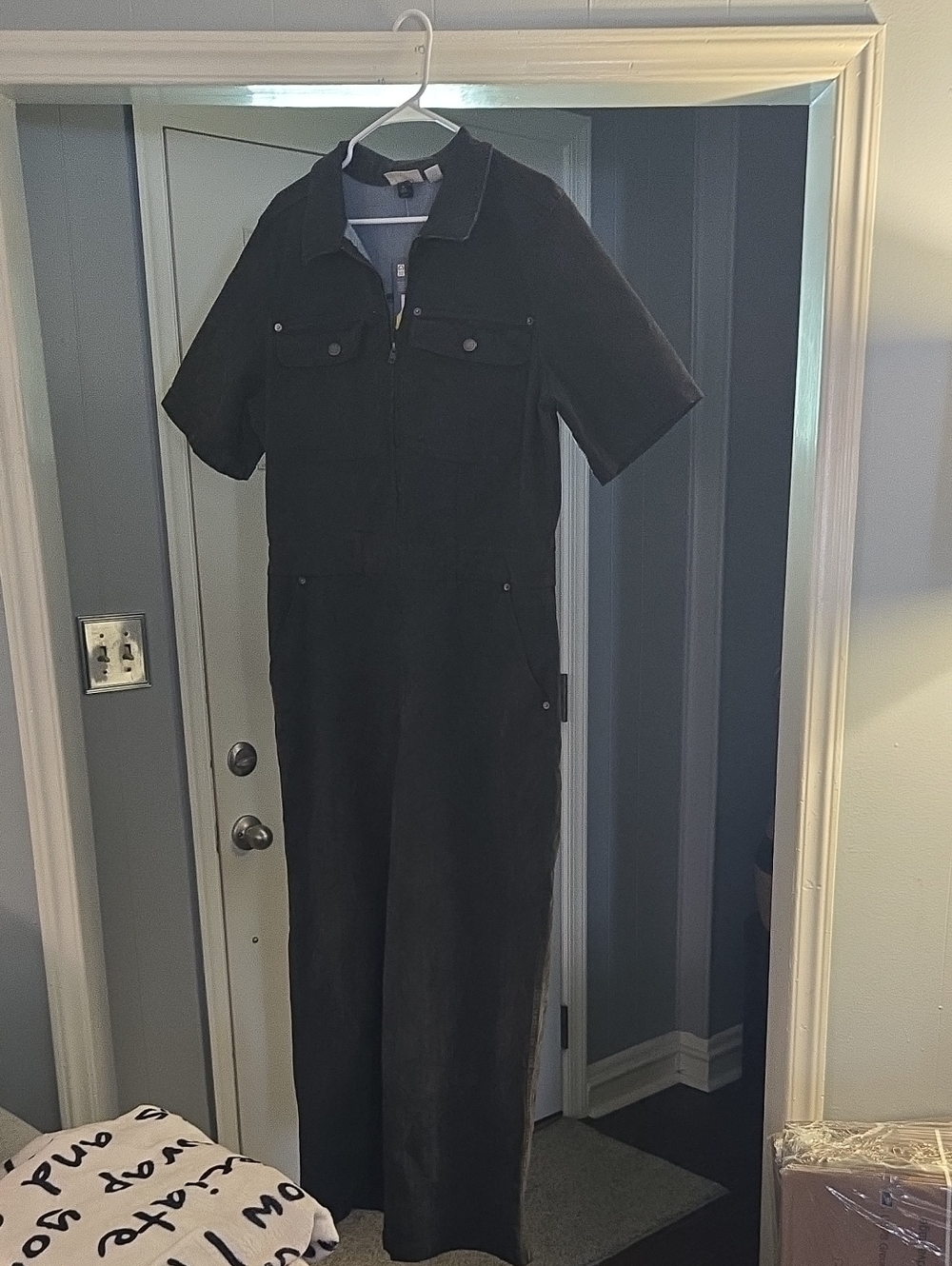 Women's Short Sleeve Flocked Denim Jumpsuit - Universal Thread Olive